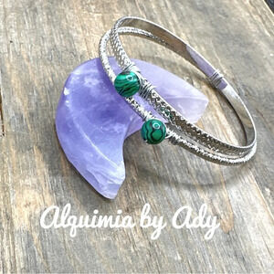 Silver statement tennis jeweled bangle bracelet set/ malachite